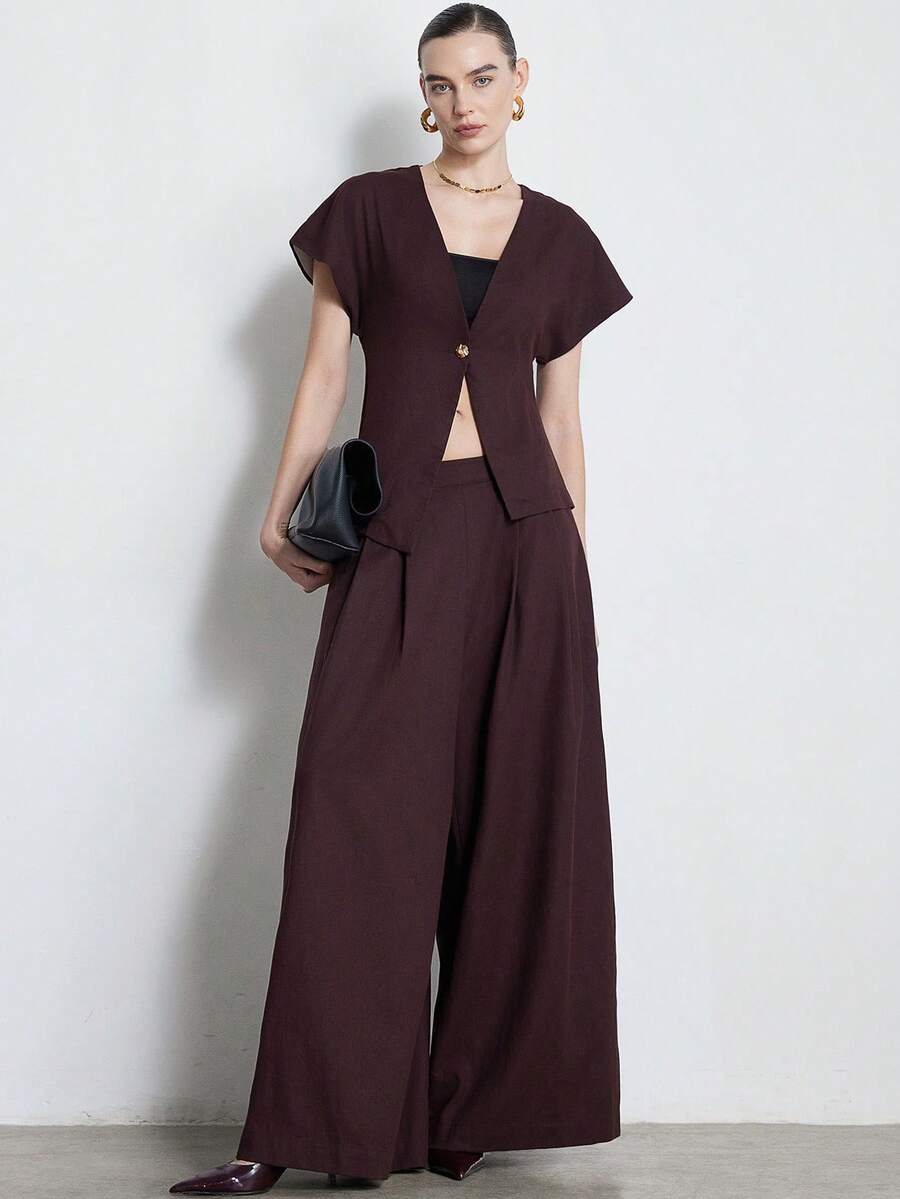 Aveloria Modichic Women's Solid Color Metal Single Button Short Sleeve Top And Wide Leg Pants Casual 2 Pieces Set - Chocolate Brown - View 1