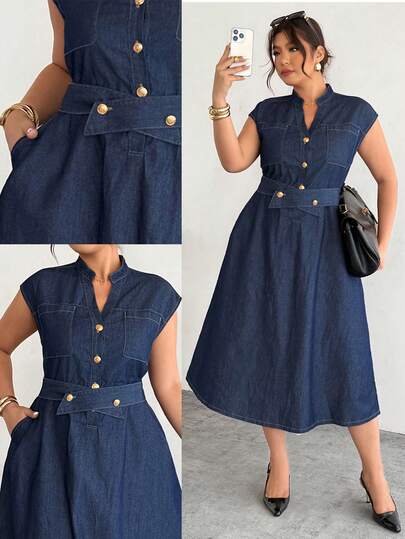 Firerie Vestido vaquero casual de manga corta y cuello en V con botones para mujer de talla grande, ideal para el Día de San Valentín, vestido vaquero de lavado oscuro, vestido largo de línea A, vestido con cintura de chaleco, vestido vaquero con botones de metal, vestido de cuello en V, vestido con cinturón cruzado en la cintura, de tela vaquera ligera, vestido vaquero para vacaciones, vestido para outfit de viaje, vestido casual de oficina, vestido casual de negocios, vestido vaquero bohemio, vestido de estilo resort, outfit de vacaciones en la isla, vestido vaquero de primavera-verano resort, vestido de dinero antiguo, vestido vintage francés, outfit de vacaciones de primavera, vestido de verano para vacaciones, outfit de viaje de vacaciones, verano, carnaval, playa, fiesta, vestido de fiesta elegante, salir