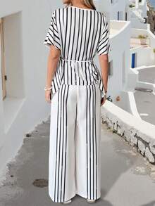 SHEIN Holidaya 女士优雅休闲度假条纹两件套 - 彩色 - 查看 2