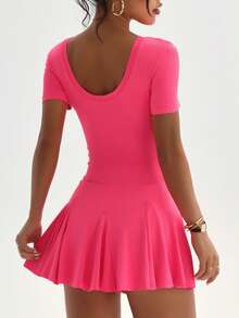 SHEIN Sovereign Charm Women's Round Neck Short Sleeve U-Back Asymmetrical Hem Pleated Dress With Built-In Shorts And Pockets, Suitable For Daily Casual Wear, Running, Yoga, Gym, Tennis, Golf, Etc., Spring/Summer/Autumn - Hot Pink - View 3
