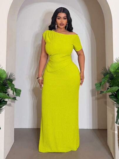 Veslaya 2026春夏大码女装黄绿色纹理不对称肩部不对称下摆上衣和紧身裙套装