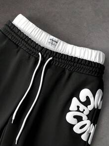 PAVTROS Men's Letter Print Drawstring Waist Patchwork Sweatpants - Black - View 3