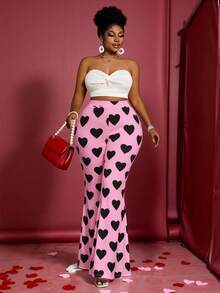 Maweii Quần ống loe in hình trái tim thời trang cỡ lớn dành cho tiệc tùng - Hồng - Xem 6