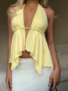 CovetEZ Women's Casual Cream Yellow Backless Asymmetrical Hem Fitted Halter Neck Camisole, Suitable For Vacation, Summer - Multicolor - View 6