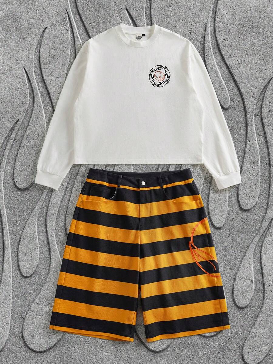 SHEIN HOT STUFF Men's Casual Letter Graphic Round Neck Long Sleeve T-Shirt And Striped Shorts Set - White - View 1