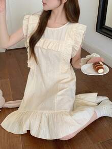 DAZY Women's Sweet Layered Ruffle Hem Polka Dot Fabric Short Nightgown, Summer - Apricot - View 8