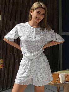 DAZY Women's Floral Embroidery Lace Patchwork Pajama Set, Summer - White - View 6