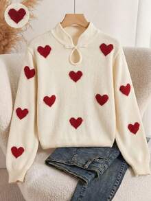 SHEIN Franclia Romantic Valentine's Day Themed Red Stand-Up Collar Pullover Sweater With A Versatile Heart-Patterned Jacquard Design. Features Stylish And Versatile Buttons. Long-Sleeved, Round-Neck, Red Heart-Patterned Jacquard Pullover Sweater. Elegant And Slim-Fitting Evening Wear. Suitable For Women's Elegant Dresses, Wedding Guest Wear, Wedding Party Wear, Valentine's Day Pullover Sweater, Valentine's Day Attire, And Elegant Party/Birthday Tops. - Beige - View 2