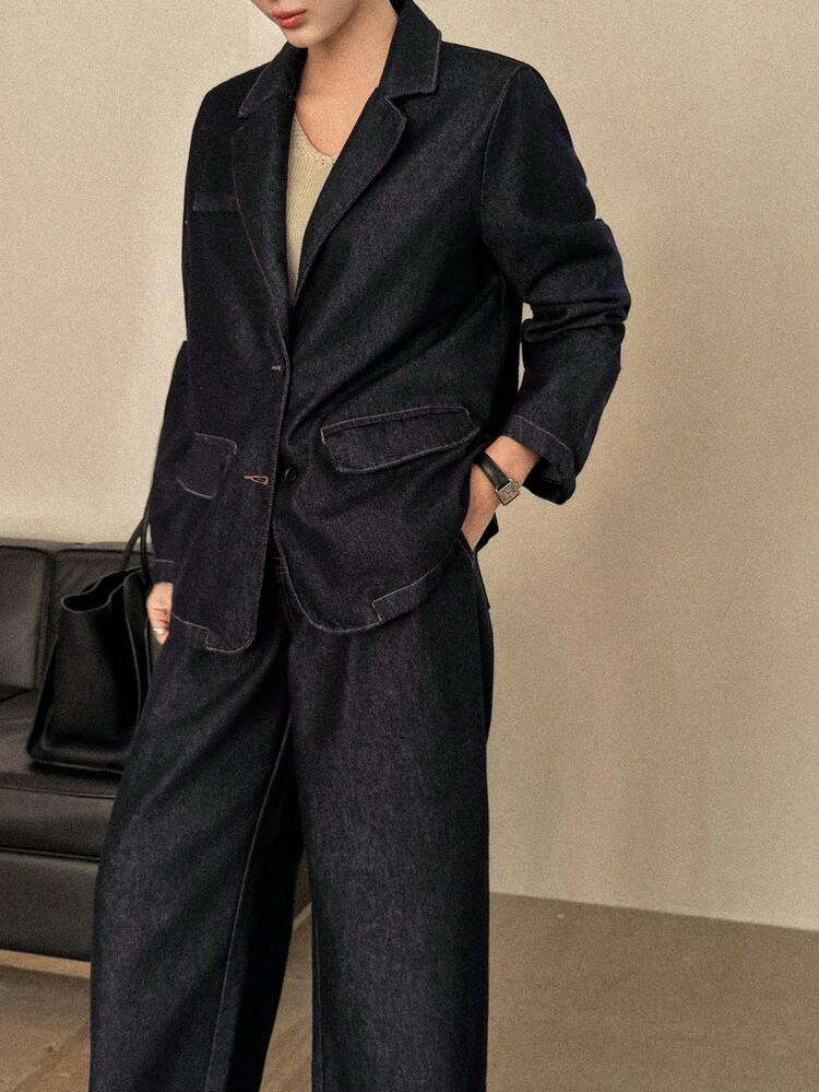 Women's Loose Denim Blazer And Straight Leg Jeans Casual Suit