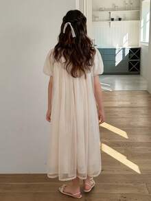 Dazy Kids Tween Girls' Summer Casual Vacation Style Embroidered Mesh Puff Sleeve Loose Dress - Beige - View 2