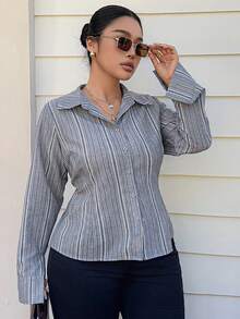 Dazy Plus Camisa corta de manga larga con cuello y rayas, estilo callejero de moda - Gris - Ver 6