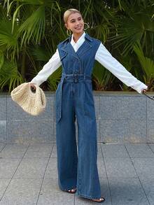DAZY 女士翻领无袖长款休闲牛仔连体裤和背带裤 - 中等水洗藍 - 查看 6