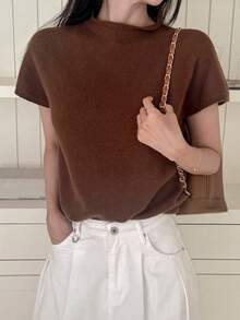DAZY 女士独特设计圆领短袖宽松针织上衣 - 棕色 - 查看 10