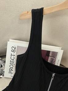 GlowEve Women's Fashion Textured Crew Neck Metal Zipper Elegant Romantic Casual Daily Commute Dinner Vest, Spring/Summer - Black - View 6