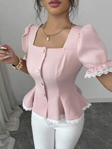 Elenzga 女士优雅撞色蕾丝泡泡袖衬衫，夏季 - 粉色 - 查看 4