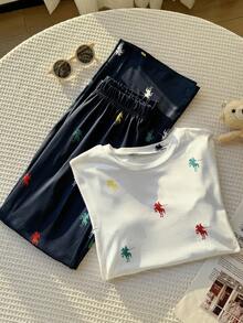 Tween Girls' Summer 2 Pieces Set: White Short-Sleeve T-Shirt And Navy Blue Wide-Leg Pants Set. - Blue and White - View 8