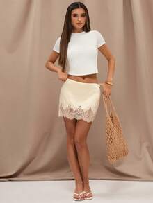 SHEIN BAE Women's Lace Patchwork Fashionable Versatile Date Party Mini Skirt - Apricot - View 3