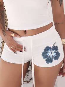 Rayane Ketlyn Floral Print Drawstring Waist Slim Fit Super Short Shorts, Summer White Shorts With Blue Flower - White - View 3