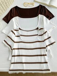 SHEIN EZwear Plus Size Women's Square Neck Short Sleeve Casual Versatile T-Shirt, Summer Tops - Multicolor - View 7