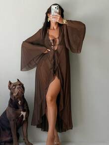 Swim SXY 女士沙滩度假荷叶边喇叭袖和服罩衫 - 棕色 - 查看 4