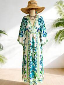 SHEIN TRVLCHIC 女士梭织印花V领七分袖连衣裙 - 綠色 - 查看 3