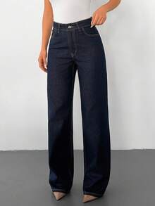 100% Cotton Casual High Waist Straight Leg Women's Jeans - Dark Wash - View 3