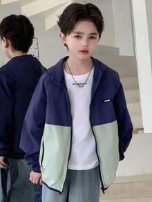 DAZY Tween Boy Letter Graphic Contrast Color Zipper Front Casual Hoodie Jacket - Navy Blue - View 5