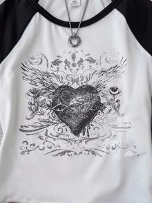 Áo thun ngắn tay cổ tròn, màu đen trắng tương phản, in hình trái tim, phong cách tối giản, thường ngày dành cho bé gái tuổi teen, thích hợp đi học, dạo phố. - Đen và trắng - Xem 5