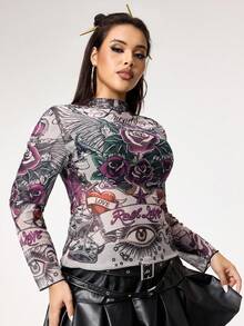 ROMWE Avant Plus Size Vintage Heart Rose Skull Flame Floral Mesh Allover Print Top - Purple - View 6