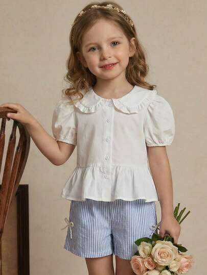 PrepCrw 2pcs Young Girls Elegant Urban Casual Collegiate Versatile Black Trim Decor Round Neck Knit Short Sleeve Top And White Pleated Mini Skirt Set, Suitable For Back To School, Casual Outings, Trips, Gatherings, Holidays, Autumn, Summer, Spring