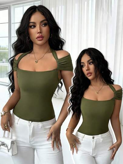 Rafferiza 女士新款时尚百搭纯色吊带短袖独特设计休闲修身露肩短款上衣，夏季