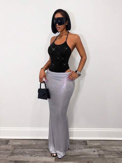 BamGleam Women's Solid Color Shiny Sexy Halter Bodysuit