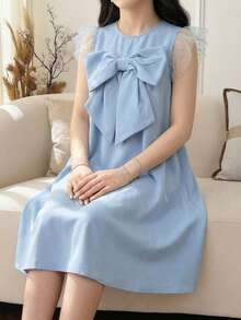 SHEIN 少女时尚大蝴蝶结袖连衣裙，夏季 - 藍色 - 查看 6