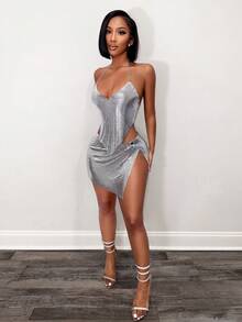 BamGleam 女士纯色金属质感不对称下摆露背性感泳装套装透视连衣裙性感曲线连衣裙夜店连衣裙性感俱乐部连衣裙银色连衣裙女士度假波西米亚风性感纯色格子条纹休闲 - 銀色 - 查看 3