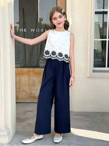 SHEIN Serisse Kids 少女蝴蝶结刺绣露背吊带背心和阔腿裤两件套休闲度假套装，藏蓝色 - 藏蓝色 - 查看 10