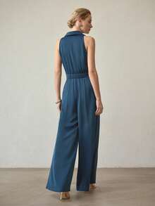 MOTF PREMIUM ELEGANT MINIMALIST WIDE LEG JUMPSUIT, SUITABLE FOR COMMUTING, SPRING/SUMMER - Teal Blue - View 3