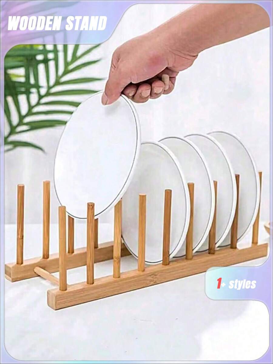 SHEIN 1pc Wooden Dish Storage Rack Daily Leisure Home Storage - log color - View 1