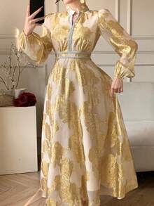 DAZY Textured Waist Cinching Midi Dress For Women, Vacation - Gold - View 5