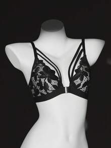 1pc Women Lace Front Closure Wireless Bra - Black - View 1