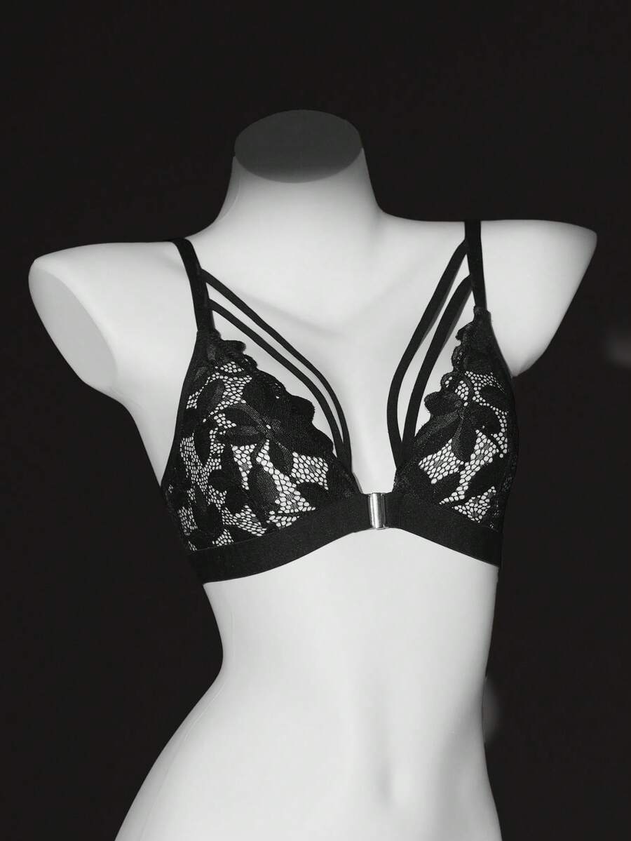 1pc Women Lace Front Closure Wireless Bra - Black - View 1