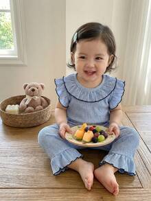 2pcs Baby Girls' Simple Elegant Solid Blue Short Sleeve Top And Pants Casual Comfortable Pajama Set Linen Sets For Toddler Girl Blue Two Piece Set Baby Light Blue Matching Set Toddler Girl Baby Girl Clothes Blue Blue Toddler Outfit - Baby Blue - View 1