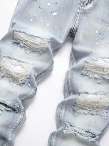 Manfinity Roghcode Men's Fashionable Printed Distressed Washed Jeans, Plain Slim Fit Long Washed Baby Blue Cargo Jeans, For Husband, Boyfriend Gifts, Ripped Jeans Men, Splatter Paint Jeans, Hip Hop Jeans - Light Wash - View 3