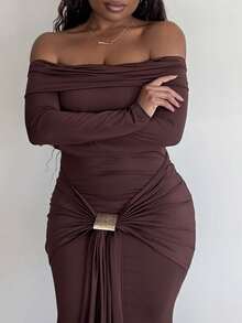 Tyla Gomez 露肩长袖长裙度假夏季春季浪漫婚礼宾客毕业典礼、舞会假日婚礼宾客、优雅、生日、教堂、夜间外出圣诞派对秋季 - 咖啡 - 查看 7