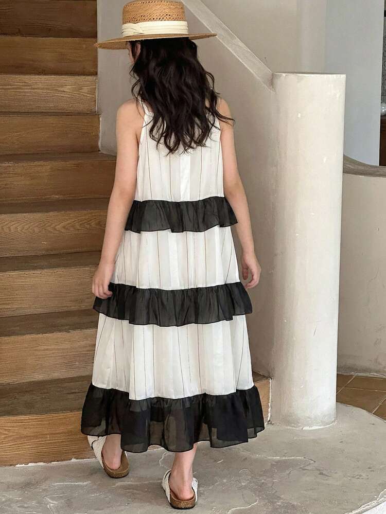 Tween Girl Colorblock Mesh Casual Vacation Everyday Camisole Dress