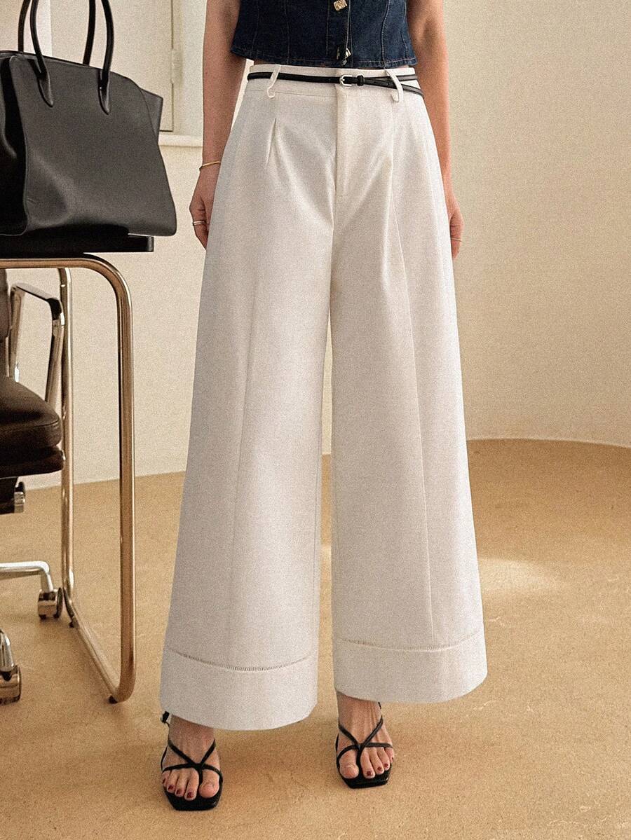 DAZY 女士高腰褶皱宽松直筒裤，休闲都市风 - 白色 - 查看 1