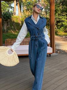 DAZY 女士翻领无袖长款休闲牛仔连体裤和背带裤 - 中等水洗藍 - 查看 3
