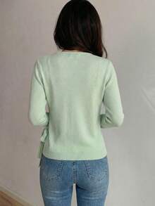 SHEIN LUNE Suéter de punto con botones decorativos y puños con lazo cruzado, de color verde claro, para uso casual y de oficina, para mujer - Verde - Ver 2