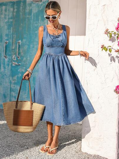 Vivid Eden Vestido de mezclilla casual sin mangas con cuello de barco y lazo delantero de unicolor para mujer