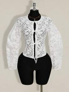 SHEIN ICON Women's Fashionable Lace See-Through Front Tie Blouse, Summer - White - View 1