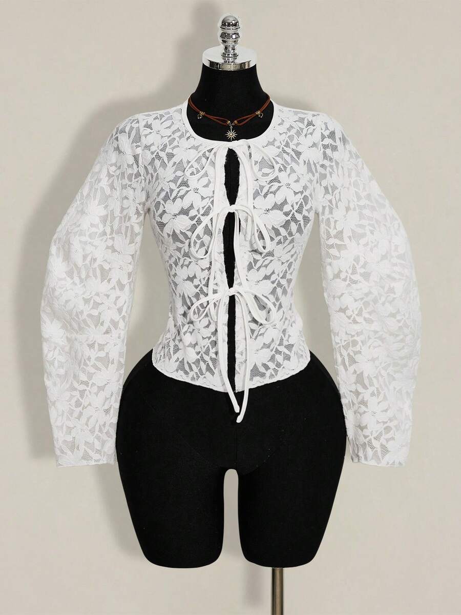 SHEIN ICON Women's Fashionable Lace See-Through Front Tie Blouse, Summer - White - View 1